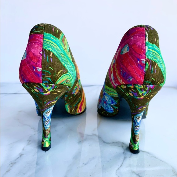 CHARLES JOURDAN PARIS FRANCE 1990s VINTAGE SILK FLORAL HIGH HEELS STUNNING - Picture 6 of 9